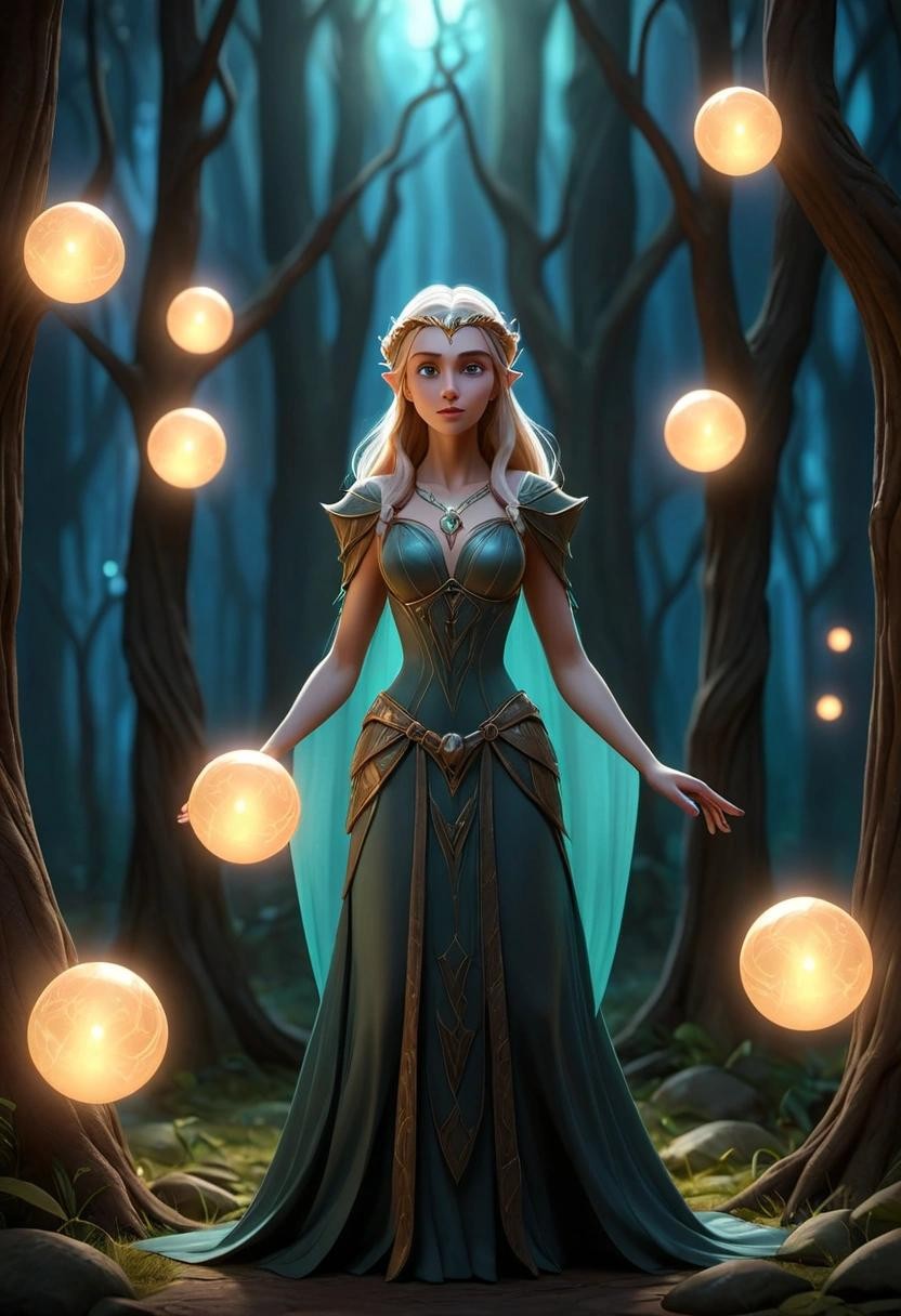 Image with seed 3206420023 generated via Stable Diffusion through @stablehorde@sigmoid.social. Prompt: Elven Priestess standing between two glowing orbs in a magical grove at night, fantasy, magic, elegant, 3d animation still image, Disney, Pixar, DreamWorks###