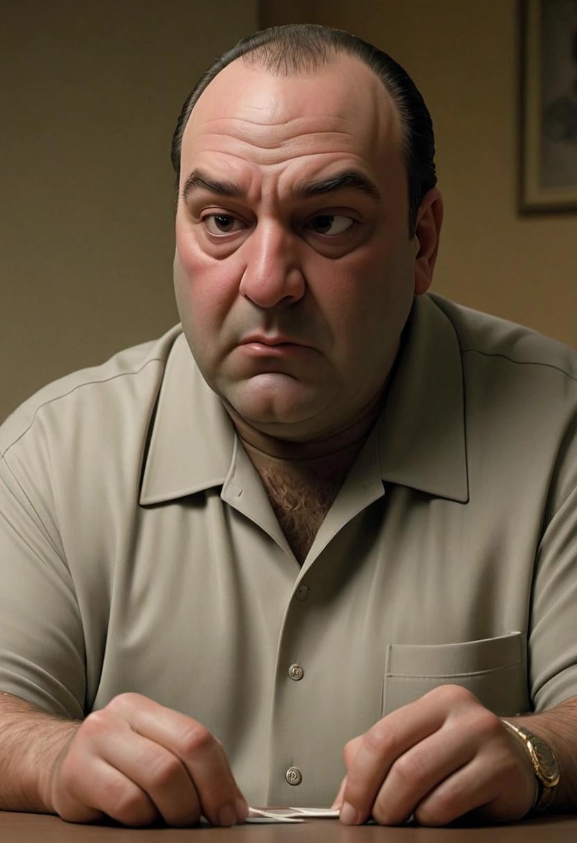 Image with seed 209761402 generated via Stable Diffusion through @stablehorde@sigmoid.social. Prompt: tony soprano becoming very concerned with whether or not he counts as "poggers"###