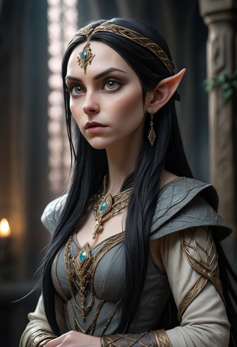 Image with seed 484672057 generated via Stable Diffusion through @stablehorde@sigmoid.social. Prompt: portrait of an elven woman. she has very long partially braided black hair, pale skin, pointy ears, elaborate clothes, jewellery, and is looking to the left. dramatic lighting. Elfin architecture in the background###