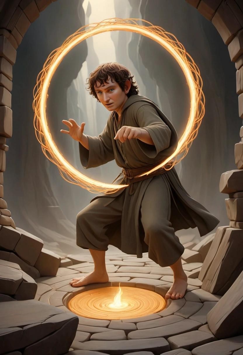 Image with seed 2772334960 generated via Stable Diffusion through @stablehorde@sigmoid.social. Prompt: the scene of Frodo throwing the One Ring into Sammath Naur, in cubistic style###