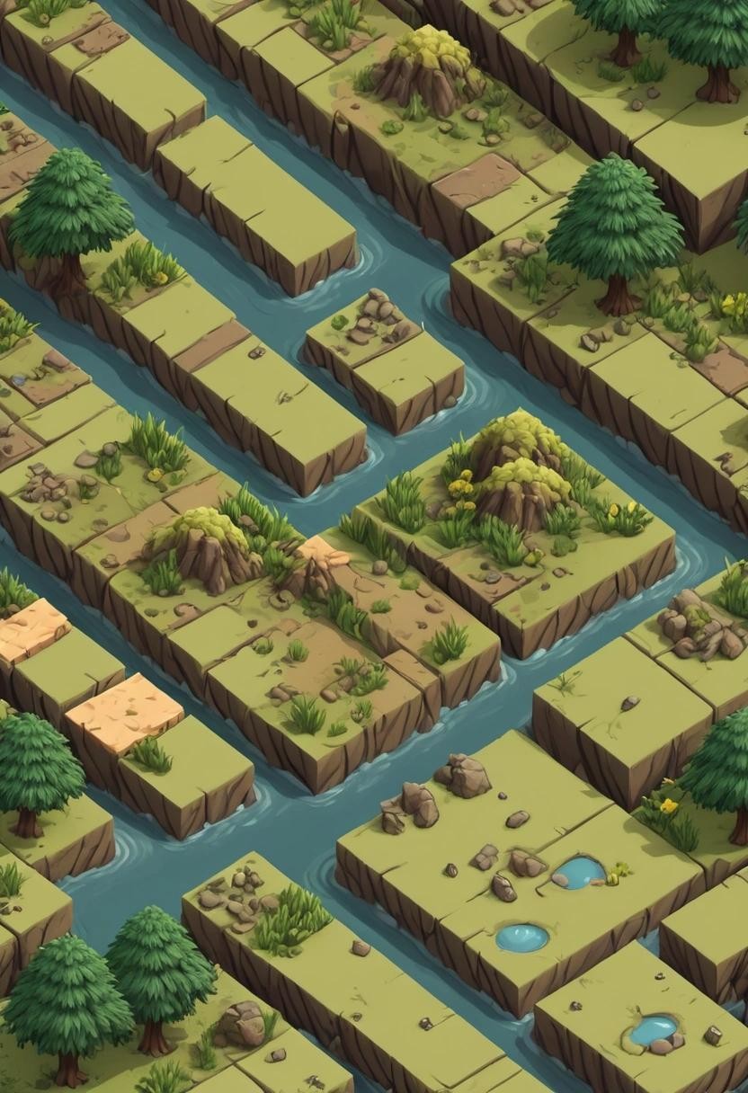 Image with seed 924298664 generated via Stable Diffusion through @stablehorde@sigmoid.social. Prompt: an isometric tile sprite Sheet containing  close up primeval terrain like forest, grass, water and sand.###