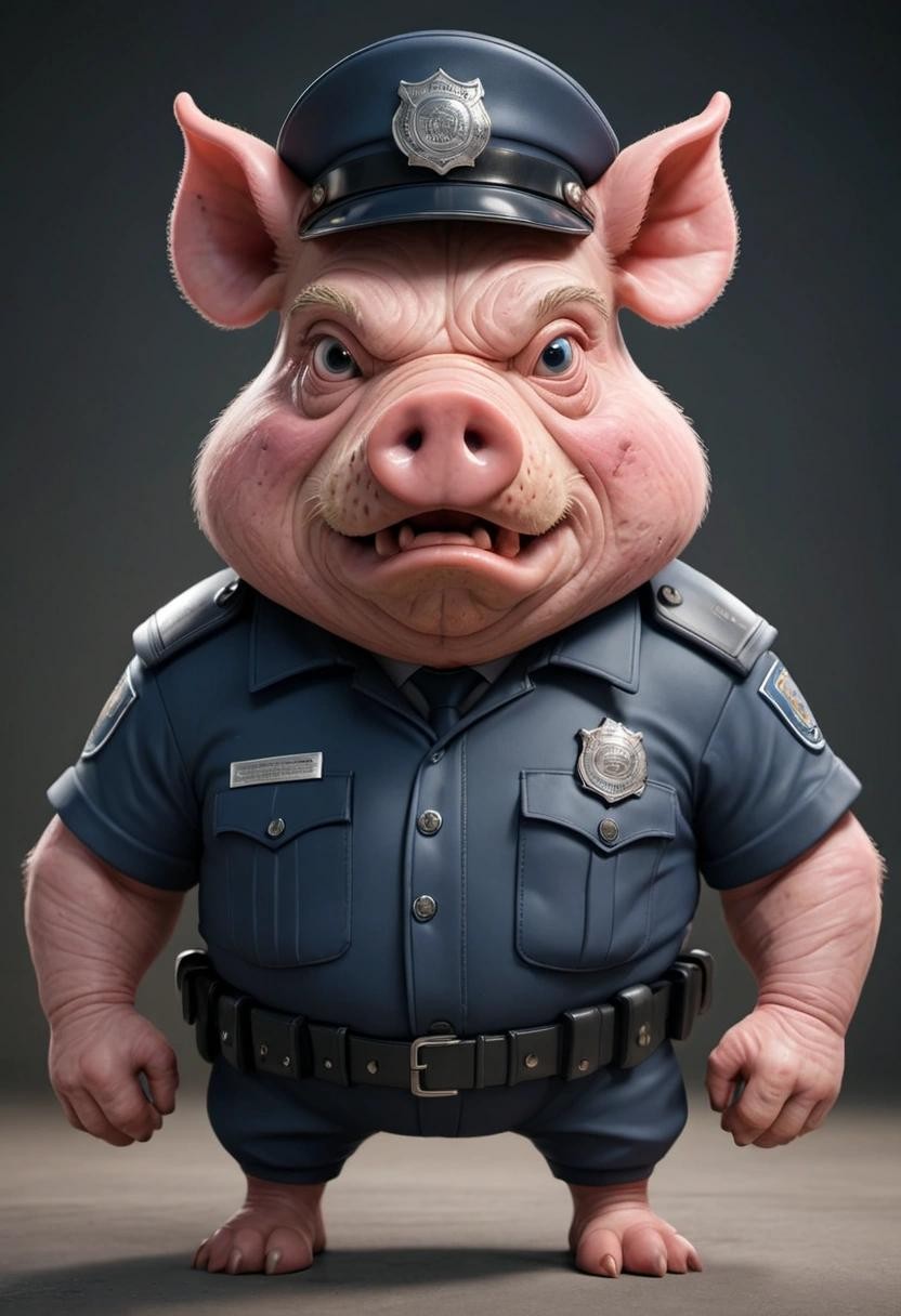 Image with seed 949250686 generated via Stable Diffusion through @stablehorde@sigmoid.social. Prompt: Ugly angry humanoid pig wearing a police uniform###