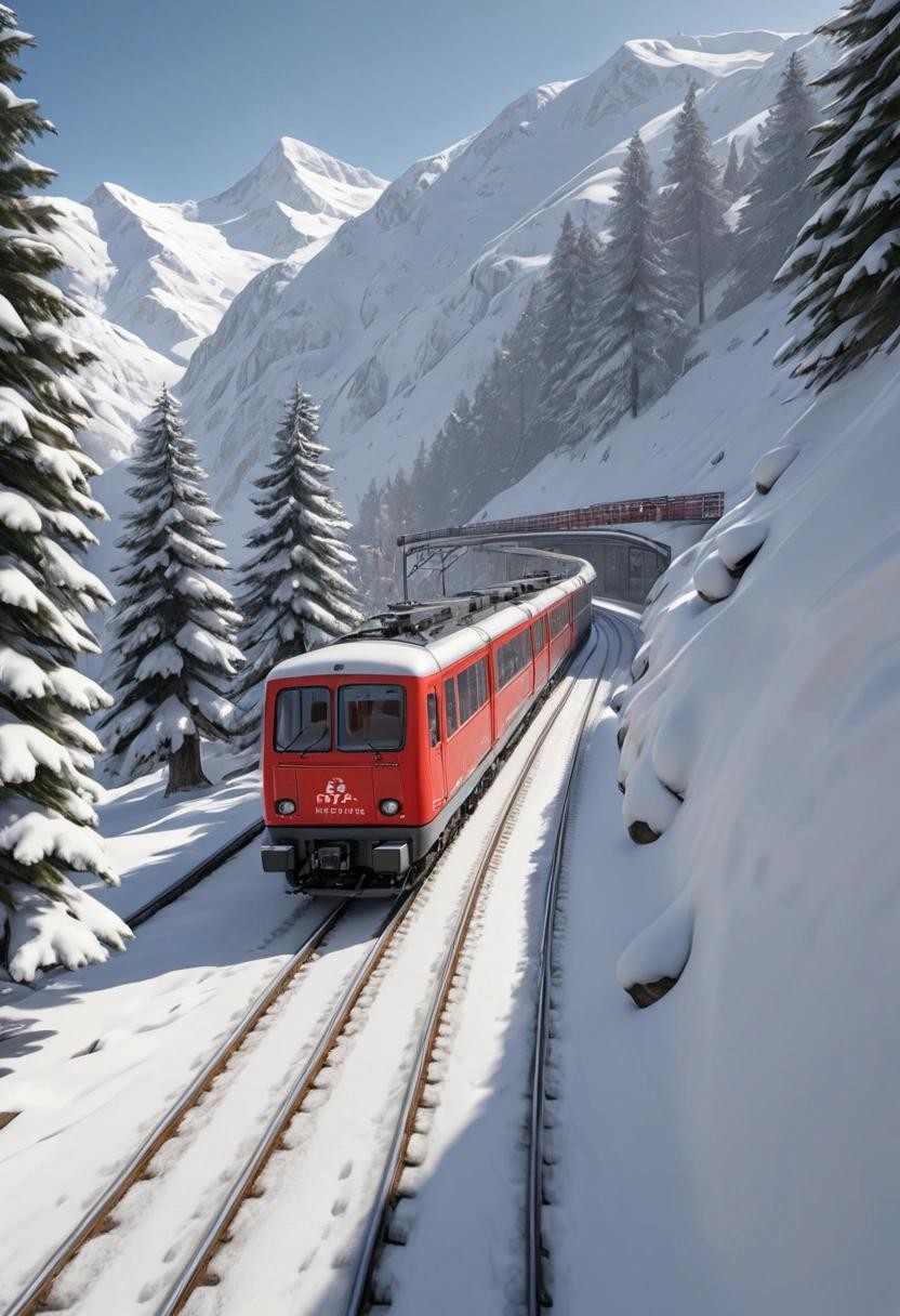 Image with seed 2280190735 generated via Stable Diffusion through @stablehorde@sigmoid.social. Prompt: ultra realistic. swiss alps covered in deep snow. a railway track is going up a mountain. a swiss RhB Ge 4/4 II train with EW-1 cars driving on the track up the mountain. pine trees covered in snow. snow is falling. sunny day.###