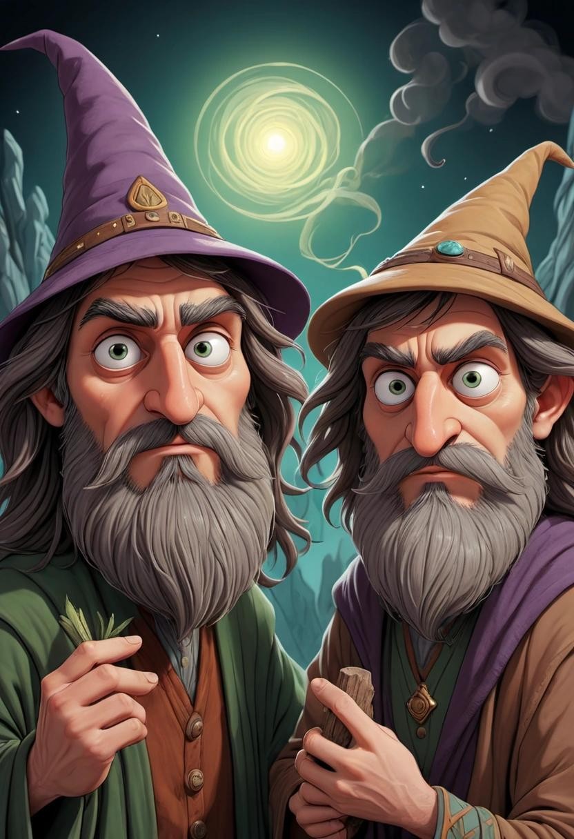 Image with seed 3879325503 generated via Stable Diffusion through @stablehorde@sigmoid.social. Prompt: Hairy Pothead and the Stoned Philosopher. Fantasy wizards, full colour graphic novel, (masterpiece), best quality, expressive eyes, perfect face###