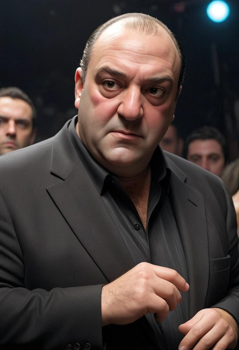 Image with seed 1869058660 generated via Stable Diffusion through @stablehorde@sigmoid.social. Prompt: tony soprano on stage at a lisbon nightclub at 11am next thursday###