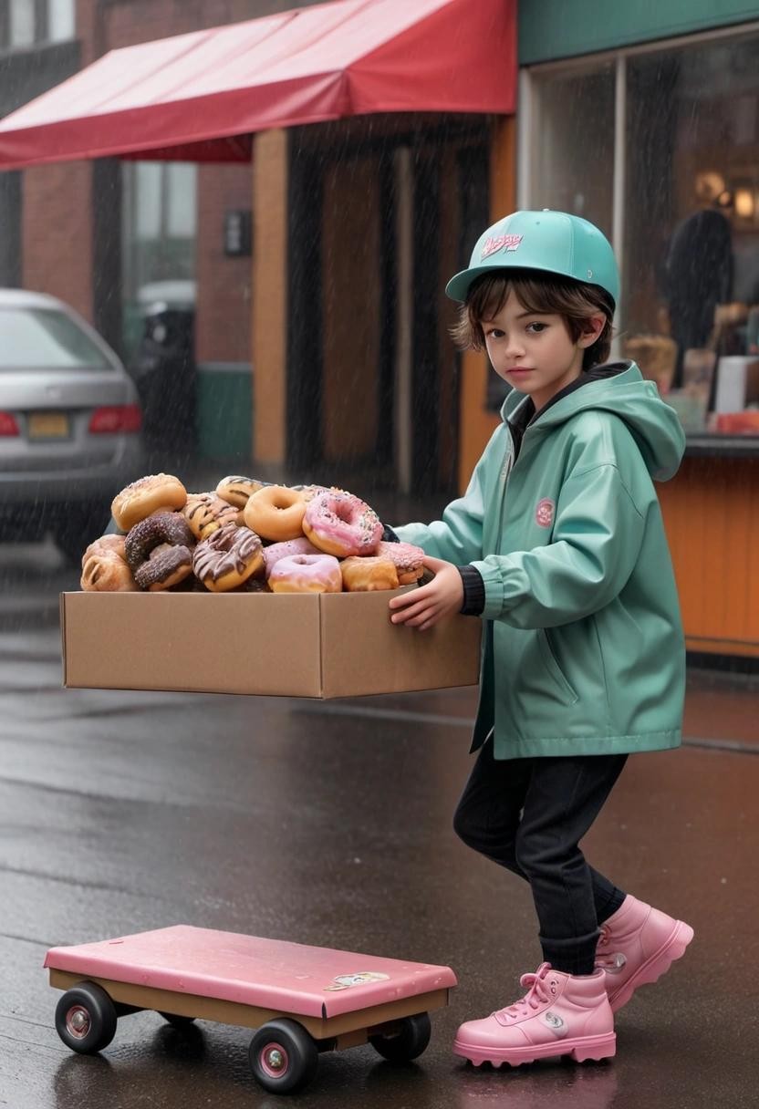 Image with seed 3677536336 generated via Stable Diffusion through @stablehorde@sigmoid.social. Prompt: a kid bringing an open box of donuts into a bar on a rainy day with someone roller skating by###