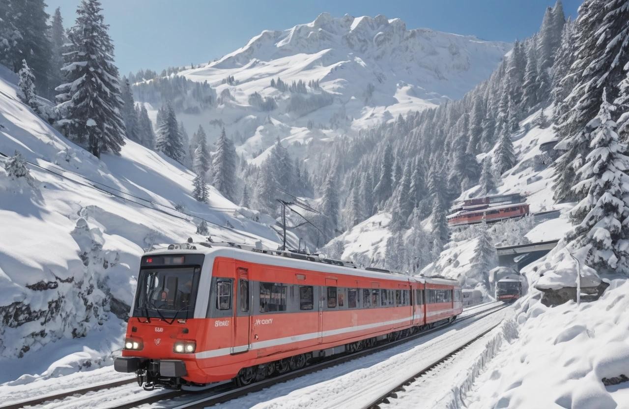 Image with seed 3539253821 generated via Stable Diffusion through @stablehorde@sigmoid.social. Prompt: ultra realistic. swiss alps covered in deep snow. a railway track is going up a mountain. a swiss RhB Ge 4/4 II train with EW-1 cars driving on the track up the mountain. pine trees covered in snow. snow is falling. sunny day. 