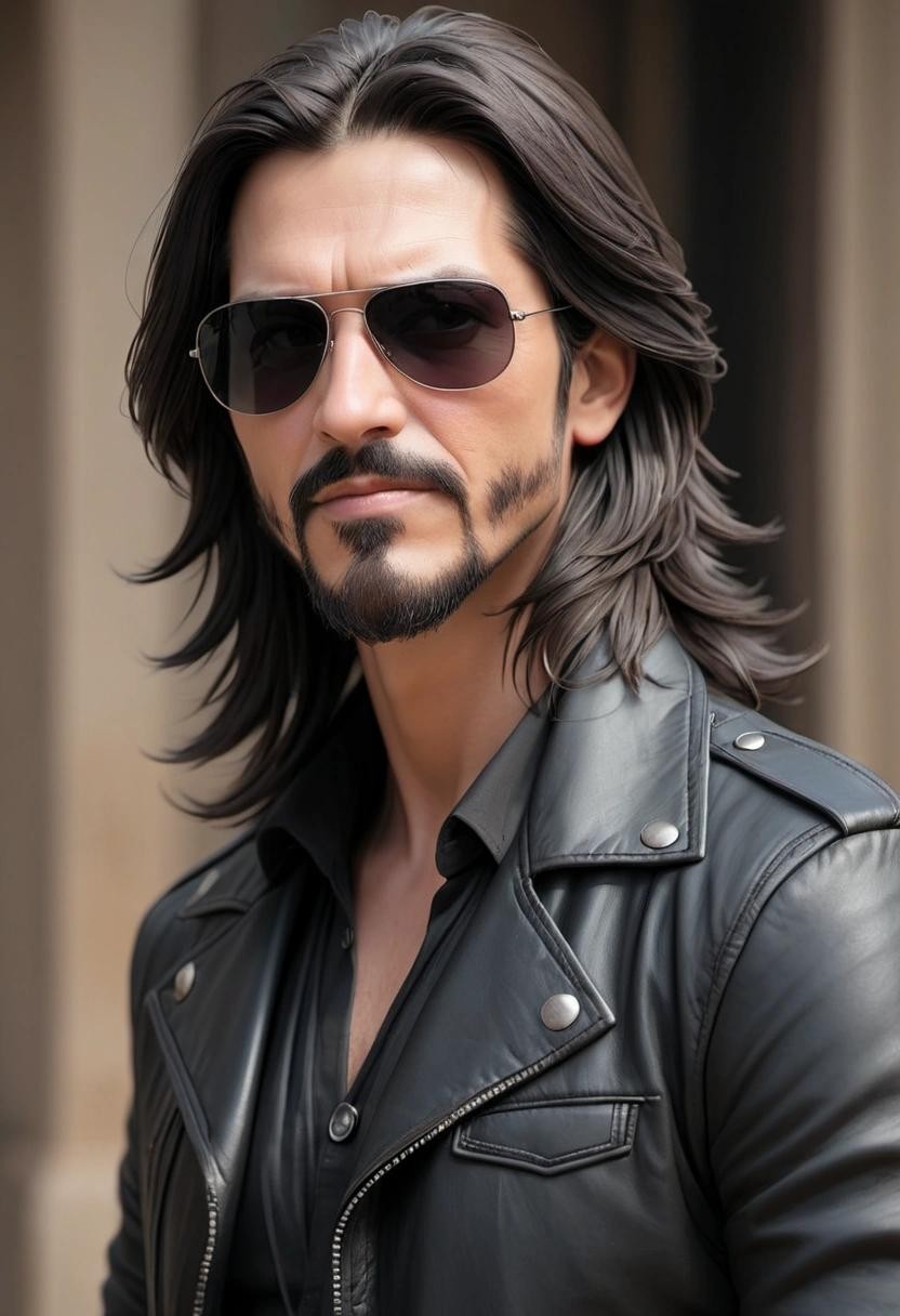 Image with seed 3964384121 generated via Stable Diffusion through @stablehorde@sigmoid.social. Prompt: The Specialist, handsome man, long hair, black hair, goatee, sunglasses, leather jacket, smirking, (masterpiece), best quality, expressive eyes, perfect face###