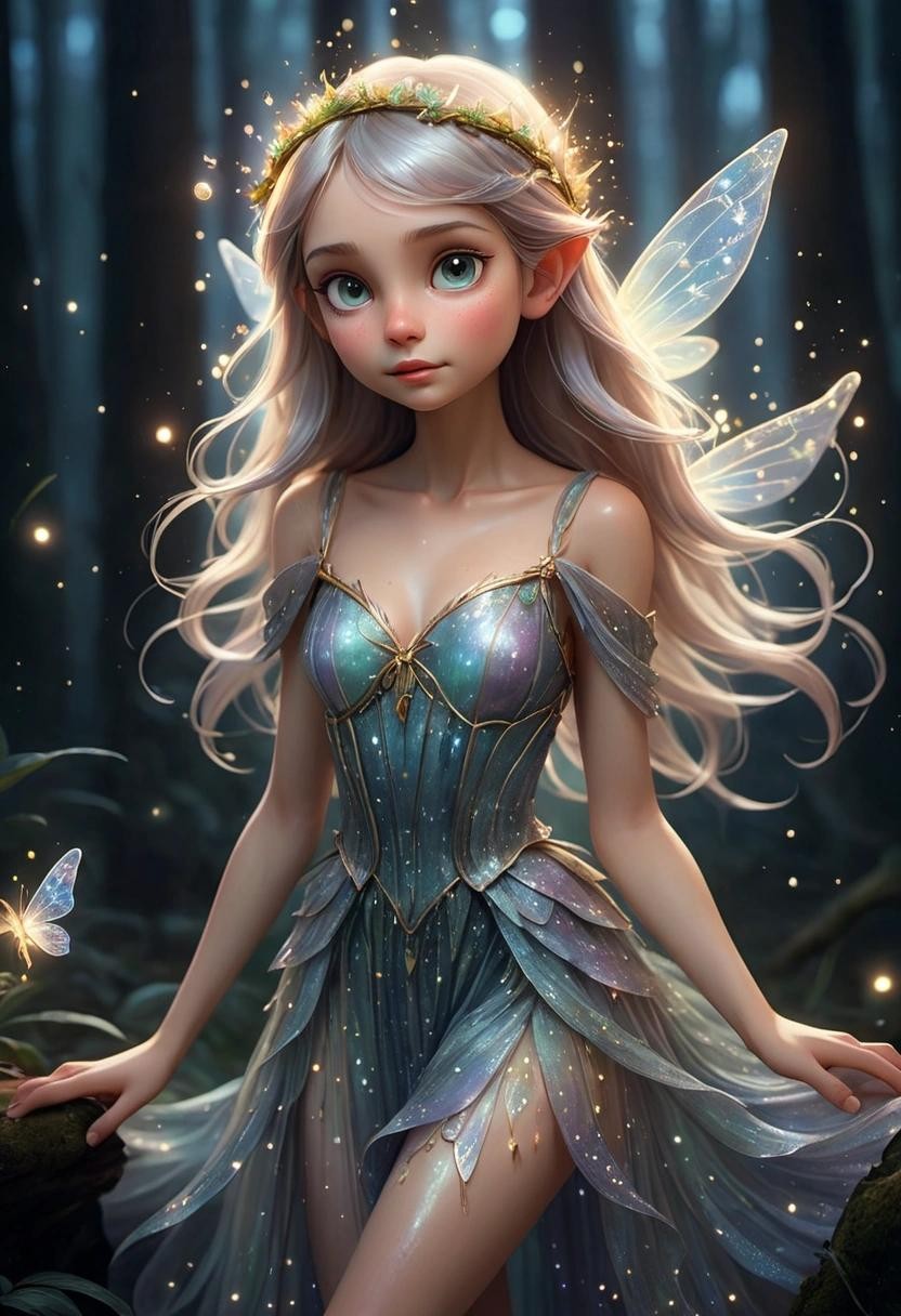 Image with seed 1321433738 generated via Stable Diffusion through @stablehorde@sigmoid.social. Prompt: Elf princess in a iridescent glitter dress, Magical flying fireflies, bright fireflies, magical mushrooms, light mushrooms, translucent rays of light, ethereal look, whimsical glittery pixie dust, magical ethereal mist, stars on the night sky, enchanted forest###