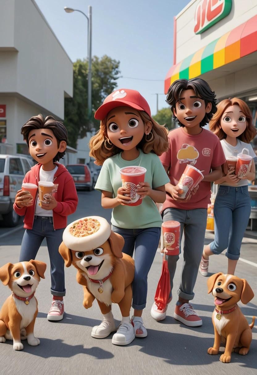Image with seed 3162022911 generated via Stable Diffusion through @stablehorde@sigmoid.social. Prompt: the cast of paw payrol at a 7-11 convenience store picking up hot dogs and each holding a big gulp one of which is spilling.###