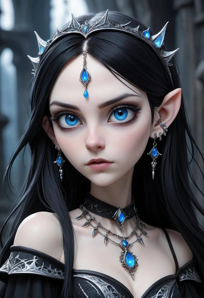Image with seed 717377804 generated via Stable Diffusion through @stablehorde@sigmoid.social. Prompt: Pointy Ear Snow White, a skinny pale elven goth girl, long black hair, bright blue eyes, silver jewelry, multiple earrings, necklaces, nose ring, tight black velvet dress, beautiful, attractive, gothic fantasy, fairy darkwave dance party background###