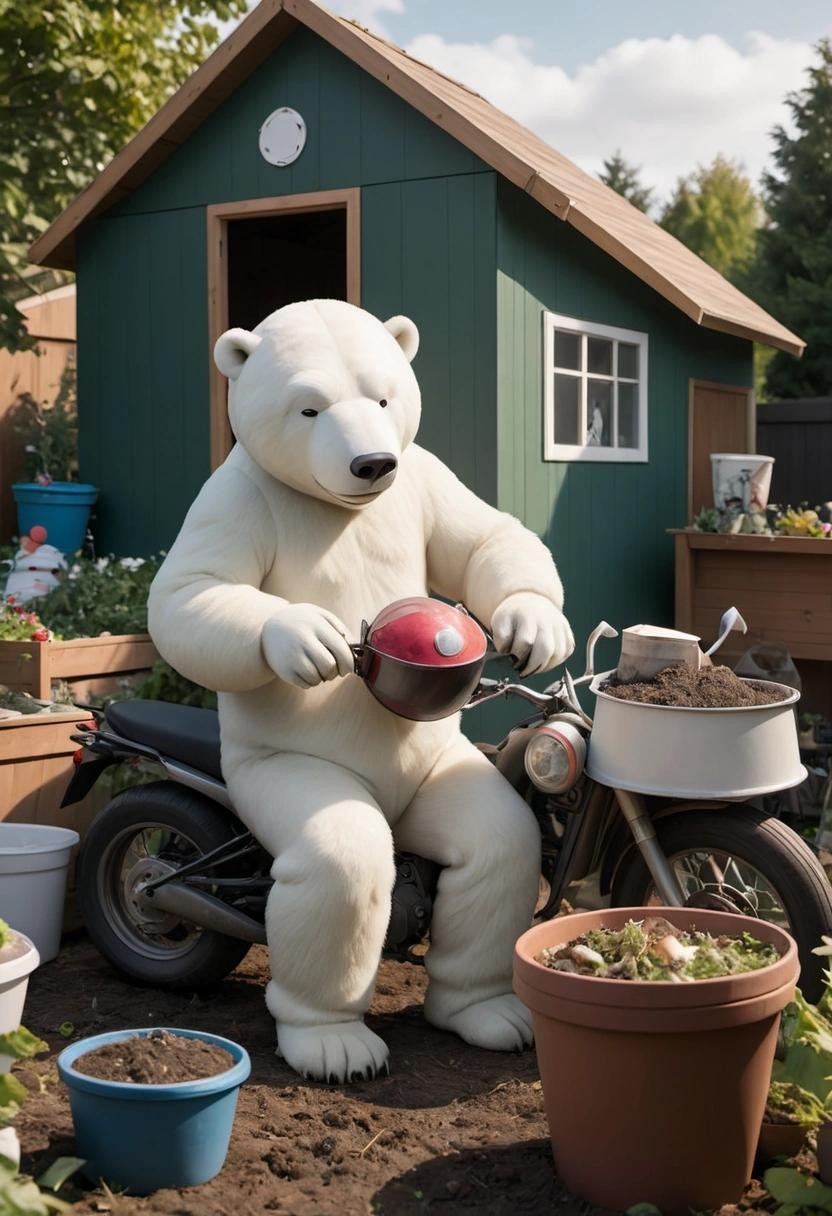 Image with seed 2070824020 generated via Stable Diffusion through @stablehorde@sigmoid.social. Prompt: a man wearing a motorcycle helmet putting compote into his compost while a small polar bear hides behind a garden shed during an eclipse with a drag race happening in the background###