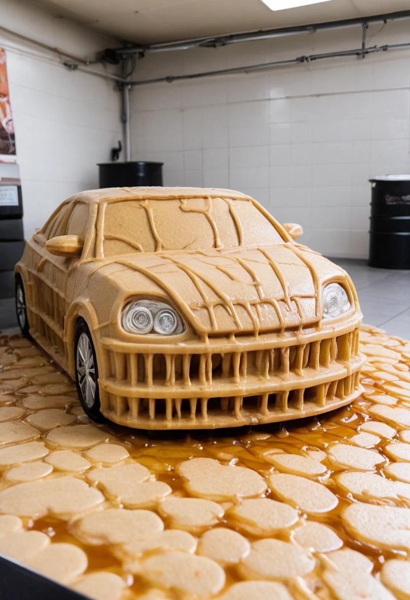 Image with seed 631227662 generated via Stable Diffusion through @stablehorde@sigmoid.social. Prompt: A car made out of pancakes and maple syrup in a car wash. ###