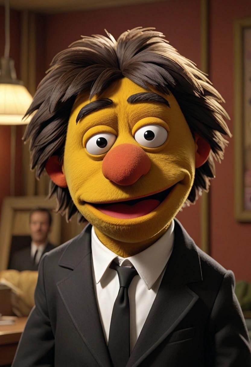 Image with seed 2329480873 generated via Stable Diffusion through @stablehorde@sigmoid.social. Prompt: Muppet Pulp Fiction cinematic still image###