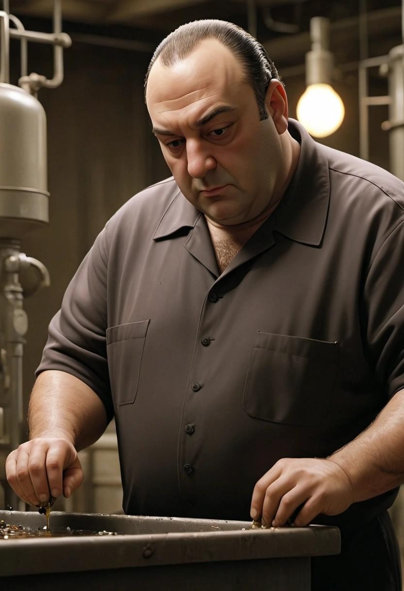 Image with seed 2490917611 generated via Stable Diffusion through @stablehorde@sigmoid.social. Prompt: tony soprano refining oil at the refinery###