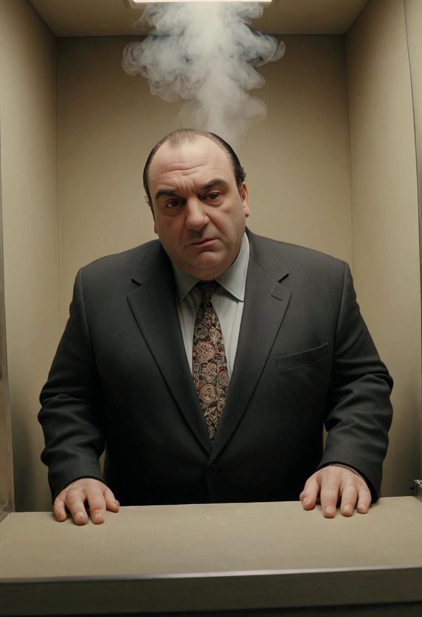 Image with seed 1125164674 generated via Stable Diffusion through @stablehorde@sigmoid.social. Prompt: tony soprano hotboxing an otis elevator last week tonight###