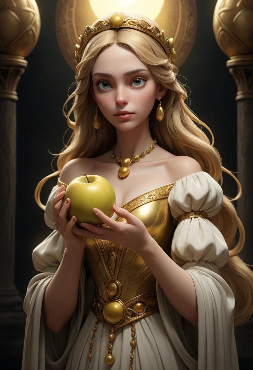 Image with seed 4213717465 generated via Stable Diffusion through @stablehorde@sigmoid.social. Prompt: The Goddess Eris holding her Golden Apple###