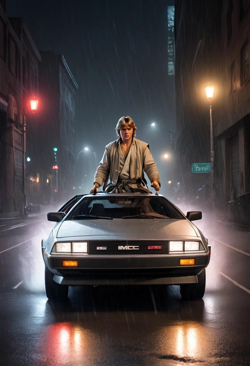 Image with seed 1021894867 generated via Stable Diffusion through @stablehorde@sigmoid.social. Prompt: Luke Skywalker driving a DMC DeLorean in night with wet road###