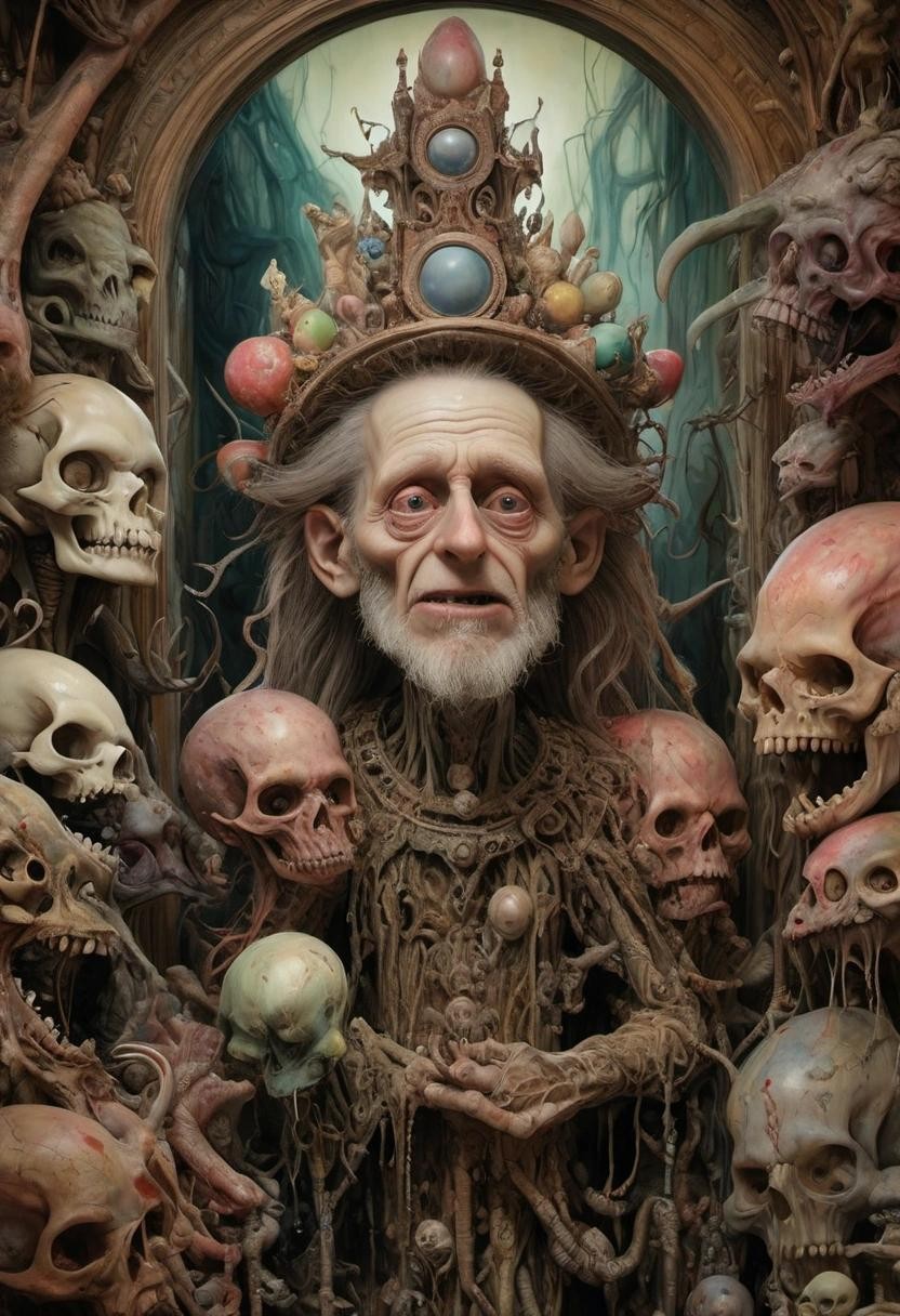 Image with seed 3056512916 generated via Stable Diffusion through @stablehorde@sigmoid.social. Prompt: Detailed ( painting by artist Otto Rapp 1.5) at the Cryptid Taxidermy Museum in post apocalyptic Wonderland, in heaven everything is fine by lady in the radiator and brothers quay, drawing by H.R. Giger, by Giuseppe Arcimboldo, Hieronymus Bosch, Alphonse Mucha, intricately detailed, hyperrealism, fantasy, Bogomils Universe###