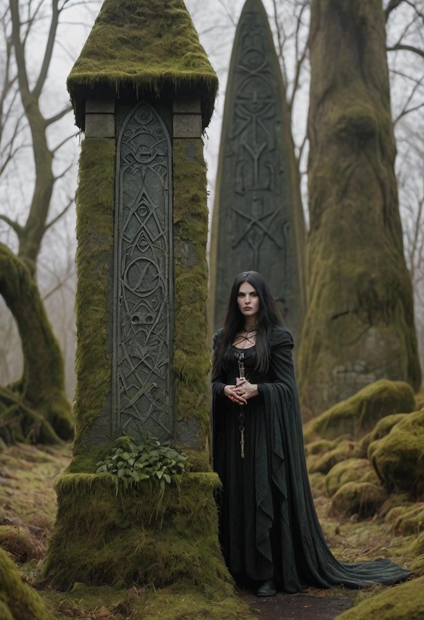 Image with seed 431765815 generated via Stable Diffusion through @stablehorde@sigmoid.social. Prompt: A mysterious powerful witch standing in front of an ancient weathered obelisk engraved with runes and occult images, overgrown with moss###