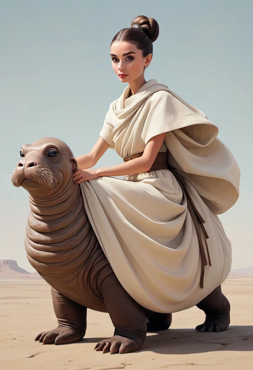 Image with seed 3796042757 generated via Stable Diffusion through @stablehorde@sigmoid.social. Prompt: Audrey Hepburn wearing a toga and riding a walrus in the style of Leanardo DaVinci.###