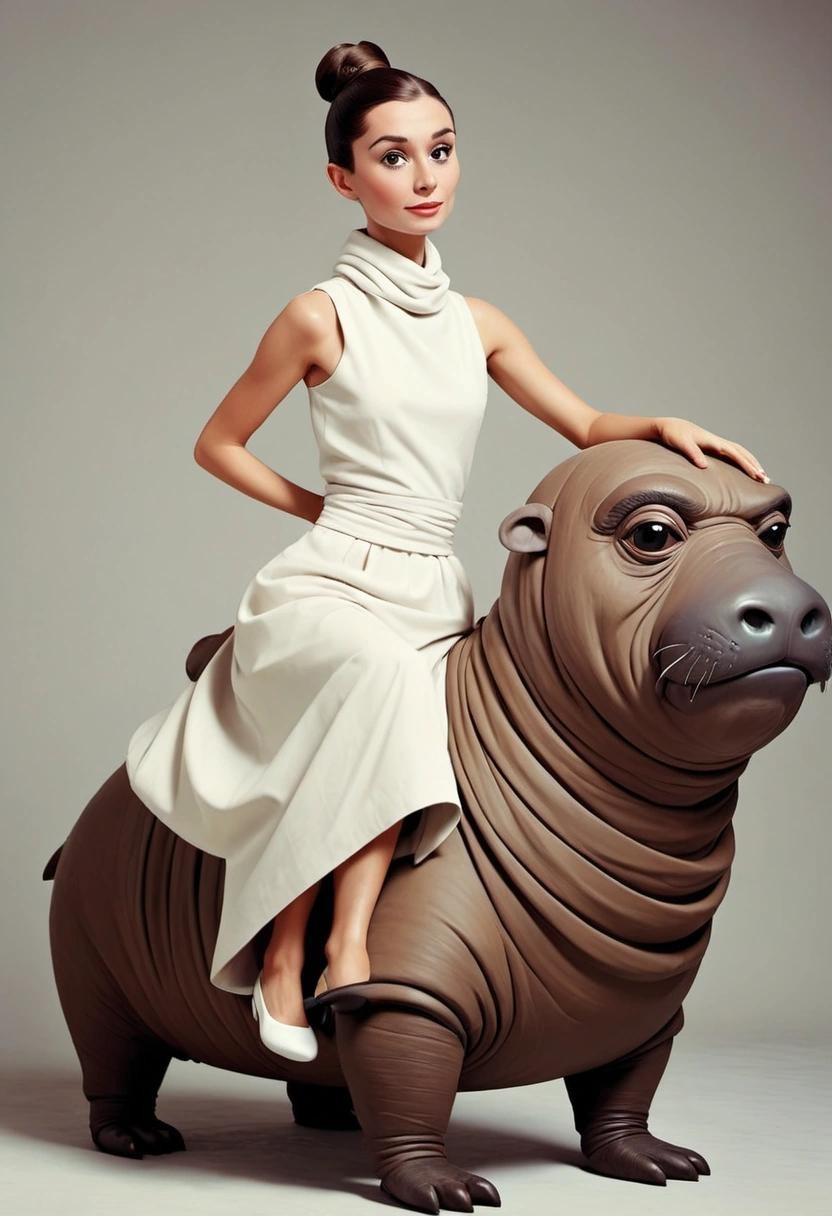 Image with seed 3046125236 generated via Stable Diffusion through @stablehorde@sigmoid.social. Prompt: Audrey Hepburn wearing a toga and riding a walrus in the style of Pablo Picasso.###