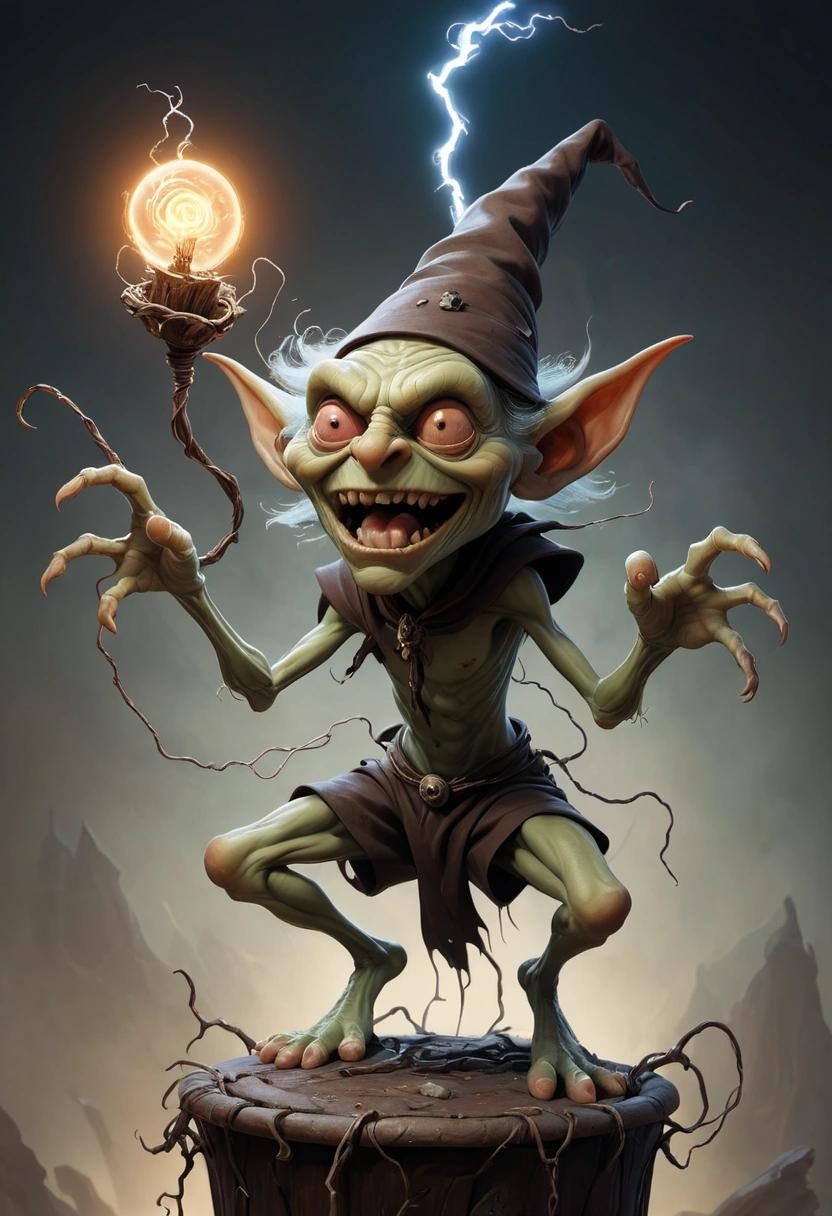 Image with seed 2150414395 generated via Stable Diffusion through @stablehorde@sigmoid.social. Prompt: a goblin wizard flying on a beholder with electricity sprouting from his hands in a Frazetta style###