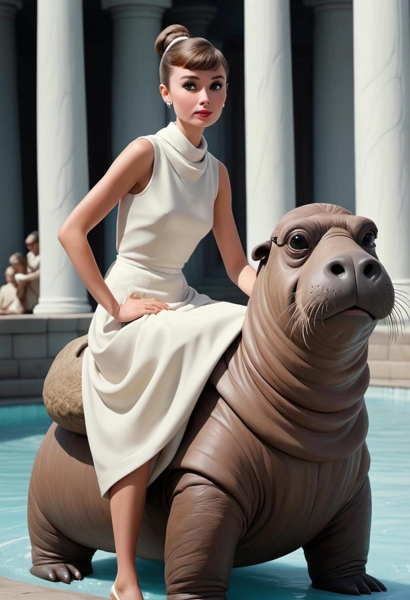 Image with seed 4005511621 generated via Stable Diffusion through @stablehorde@sigmoid.social. Prompt: photo realistic Audrey Hepburn wearing a toga and riding a walrus.###