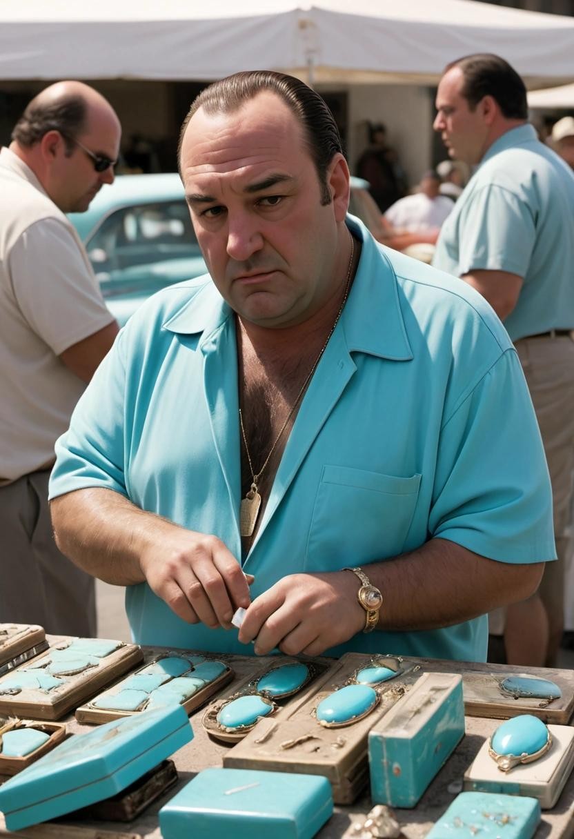 Image with seed 3734762417 generated via Stable Diffusion through @stablehorde@sigmoid.social. Prompt: tony soprano selling turquoise at the flea market###