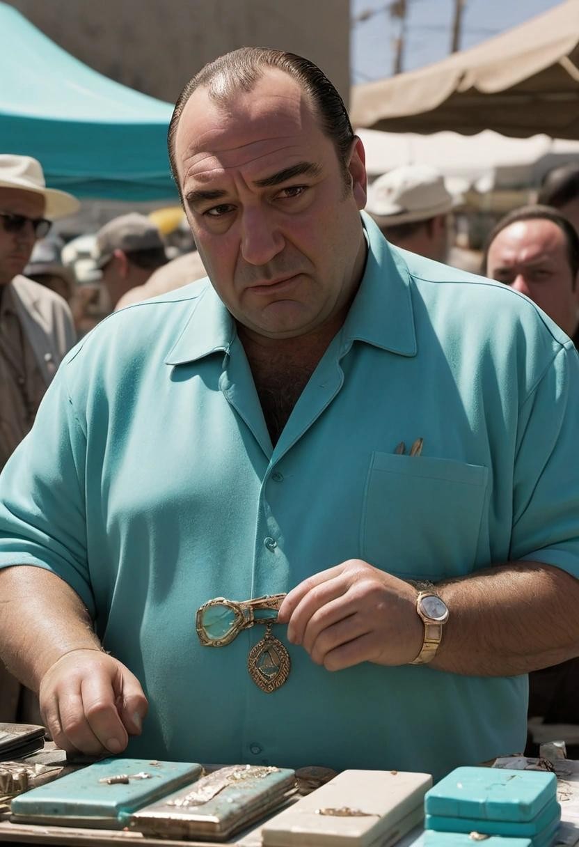 Image with seed 3502008353 generated via Stable Diffusion through @stablehorde@sigmoid.social. Prompt: tony soprano selling turquoise at the flea market###