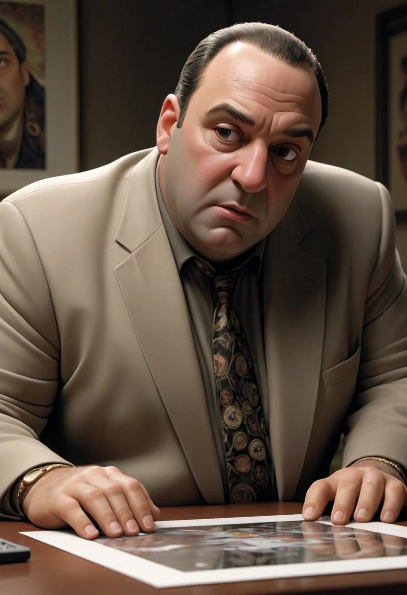 Image with seed 2224790368 generated via Stable Diffusion through @stablehorde@sigmoid.social. Prompt: tony soprano looking at AI art of tony soprano looking at AI art###