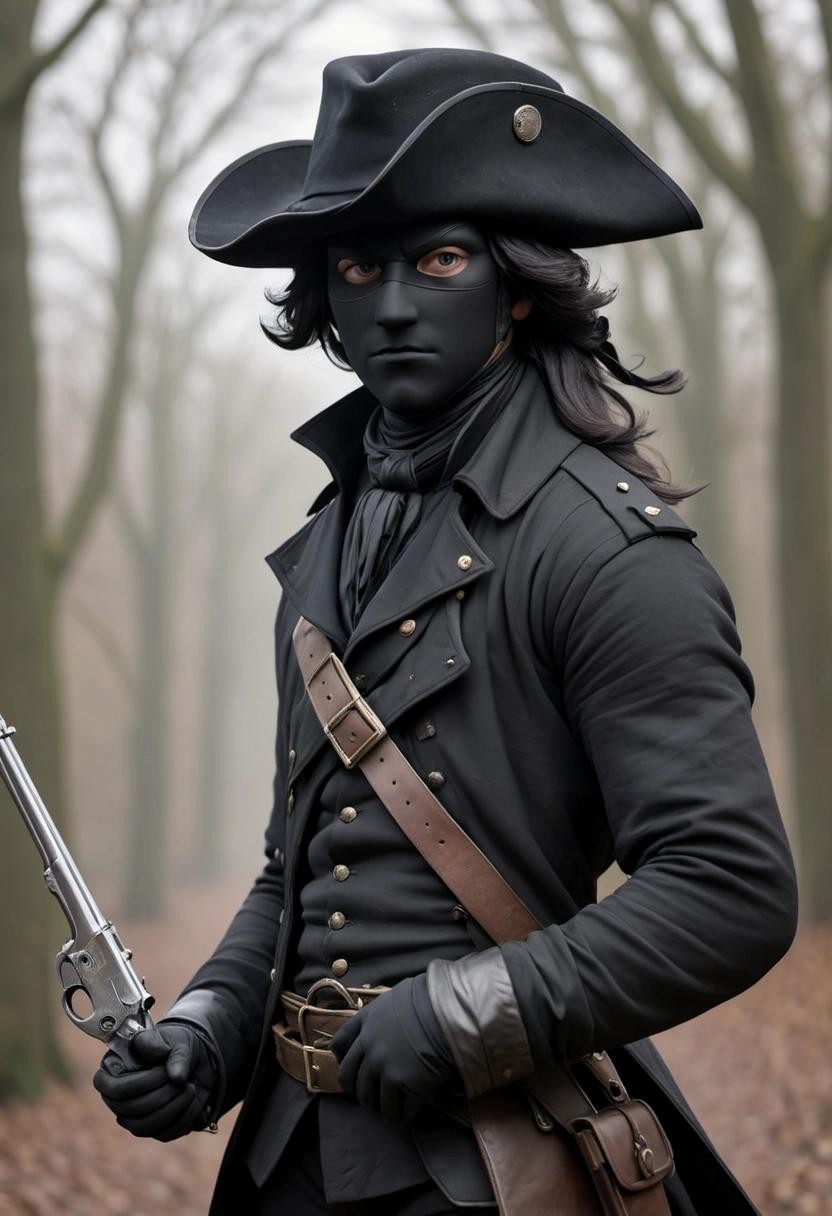 Image with seed 1525066865 generated via Stable Diffusion through @stablehorde@sigmoid.social. Prompt: A masked highwayman, black 18th century clothing, tricorne hat, flintlock pistols###