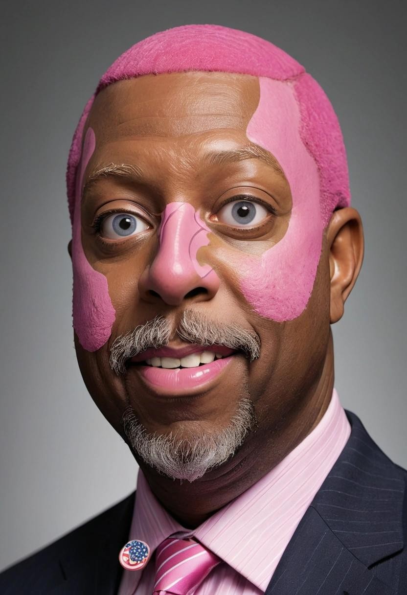 Image with seed 2379990950 generated via Stable Diffusion through @stablehorde@sigmoid.social. Prompt: Senator Tim Scott with garish makeup and a pink beard###