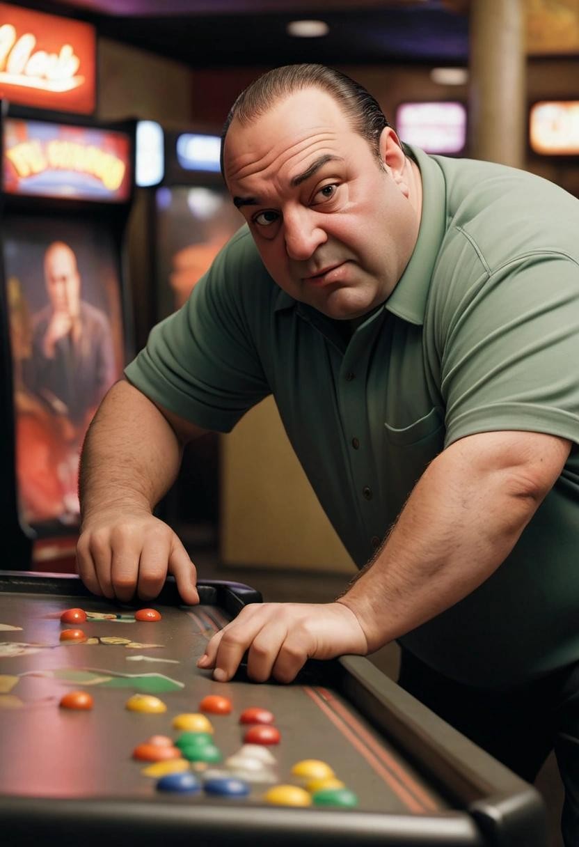 Image with seed 2792639212 generated via Stable Diffusion through @stablehorde@sigmoid.social. Prompt: tony soprano playing wack-a-mole in a montreal arcade###
