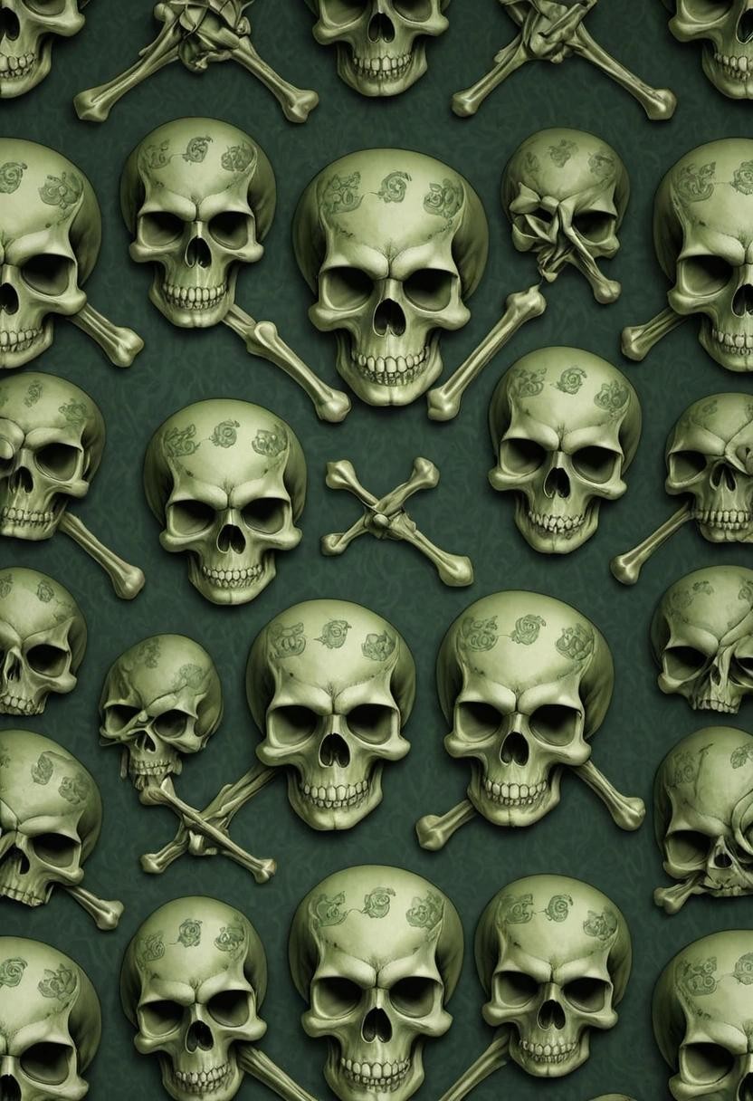 Image with seed 93006633 generated via Stable Diffusion through @stablehorde@sigmoid.social. Prompt: a green Victorian wallpaper pattern made of skull and crossbones, computer wallpaper, realistic###