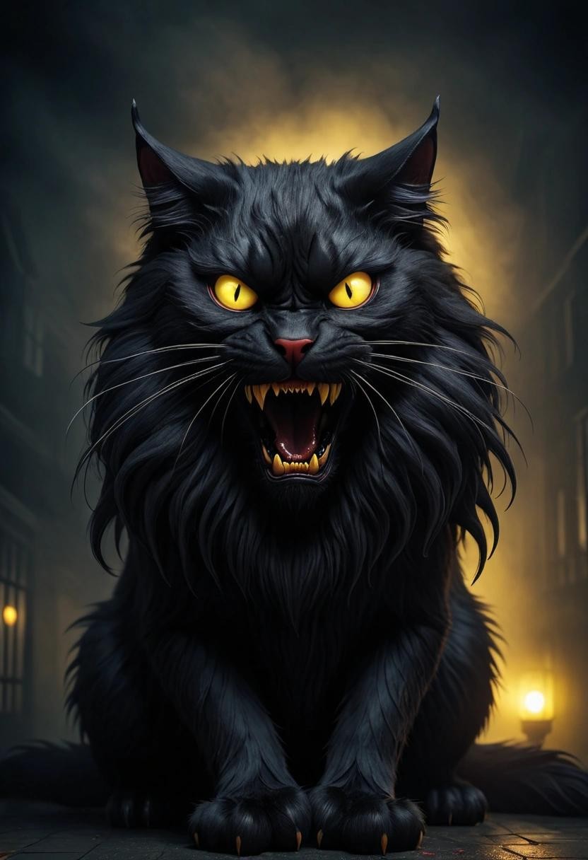 Image with seed 1520686820 generated via Stable Diffusion through @stablehorde@sigmoid.social. Prompt: a giant creepy black cat with long hair, evil yellow eyes, bloody claws and fangs, in the night, surrounded by illuminated fog, style horror movie###