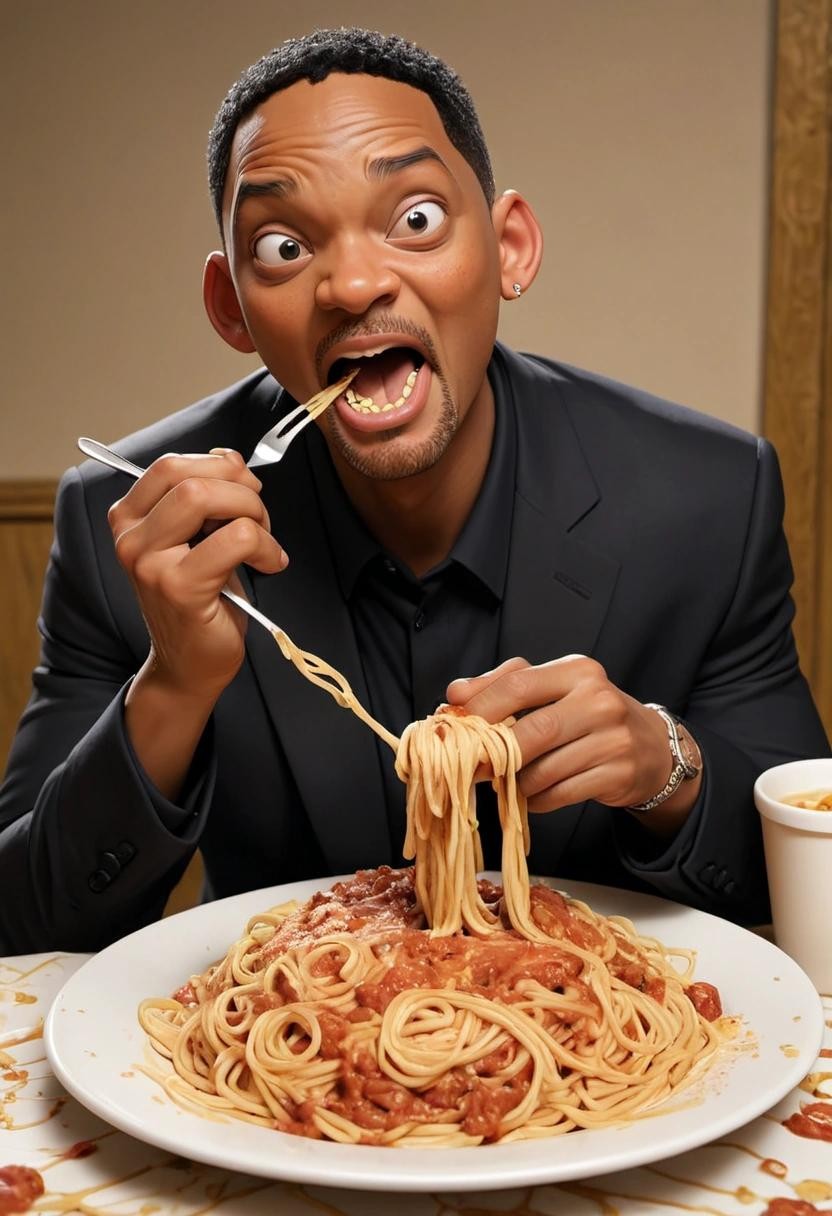 Image with seed 455417426 generated via Stable Diffusion through @stablehorde@sigmoid.social. Prompt: spaghetti eating Will Smith###