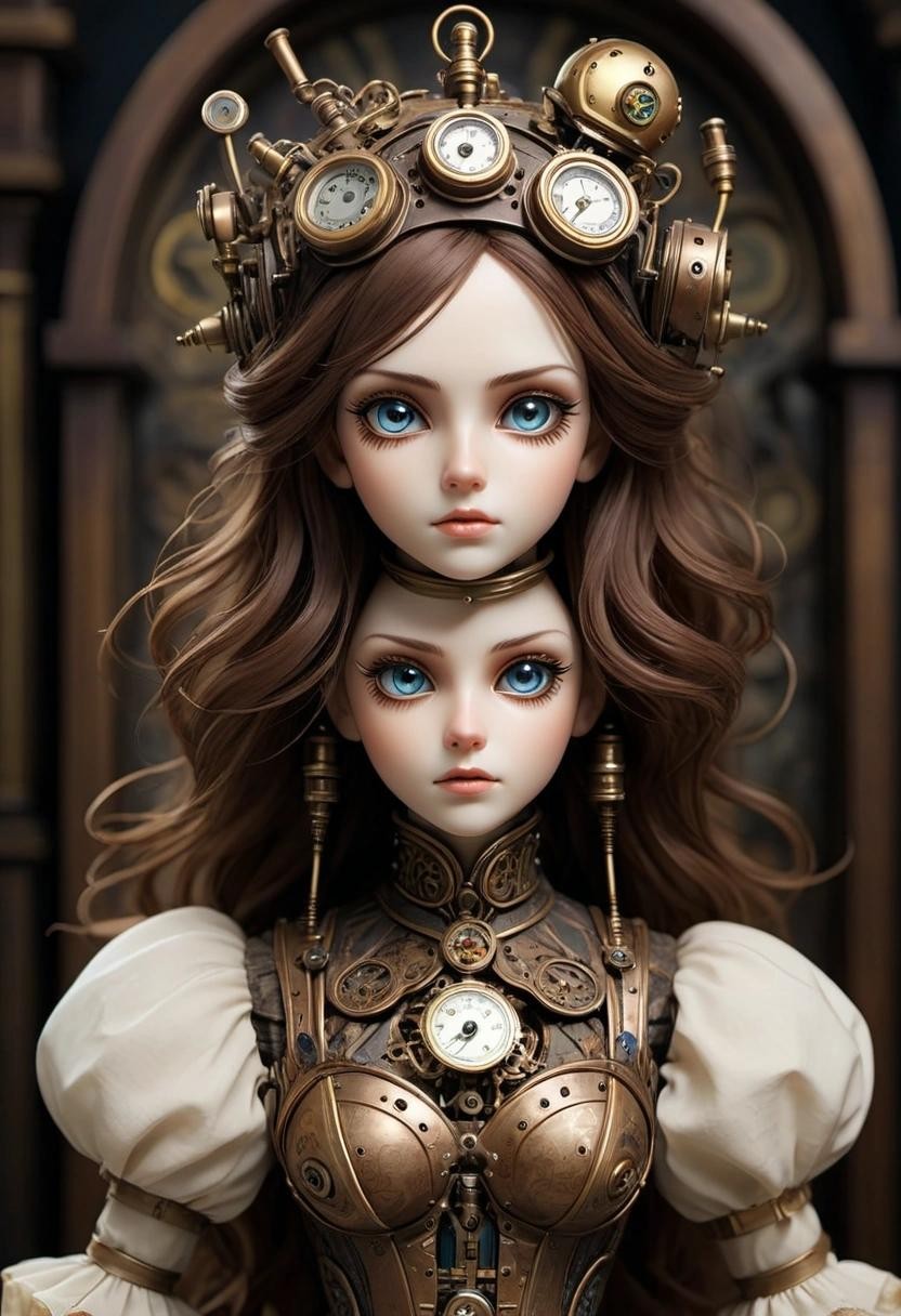 Image with seed 1308331408 generated via Stable Diffusion through @stablehorde@sigmoid.social. Prompt: A beautiful humanoid clockwork automaton with a pretty doll face, steampunk###