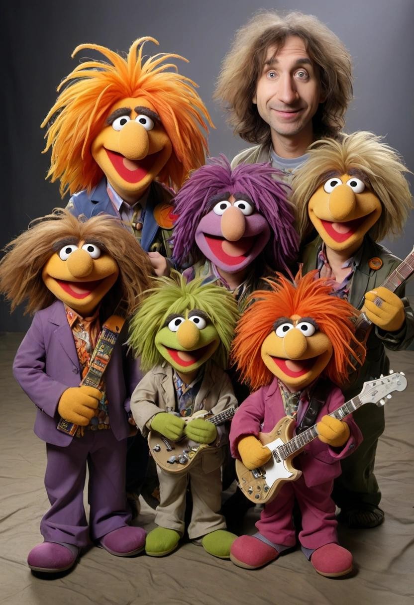 Image with seed 2844662342 generated via Stable Diffusion through @stablehorde@sigmoid.social. Prompt: Fraggle rock band world tour promo shoot###