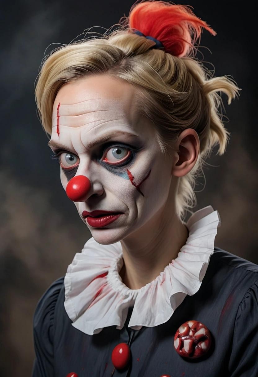 Image with seed 4067328879 generated via Stable Diffusion through @stablehorde@sigmoid.social. Prompt: a realistic portrait of Alice Weidel with evil clown makeup like pennywise###