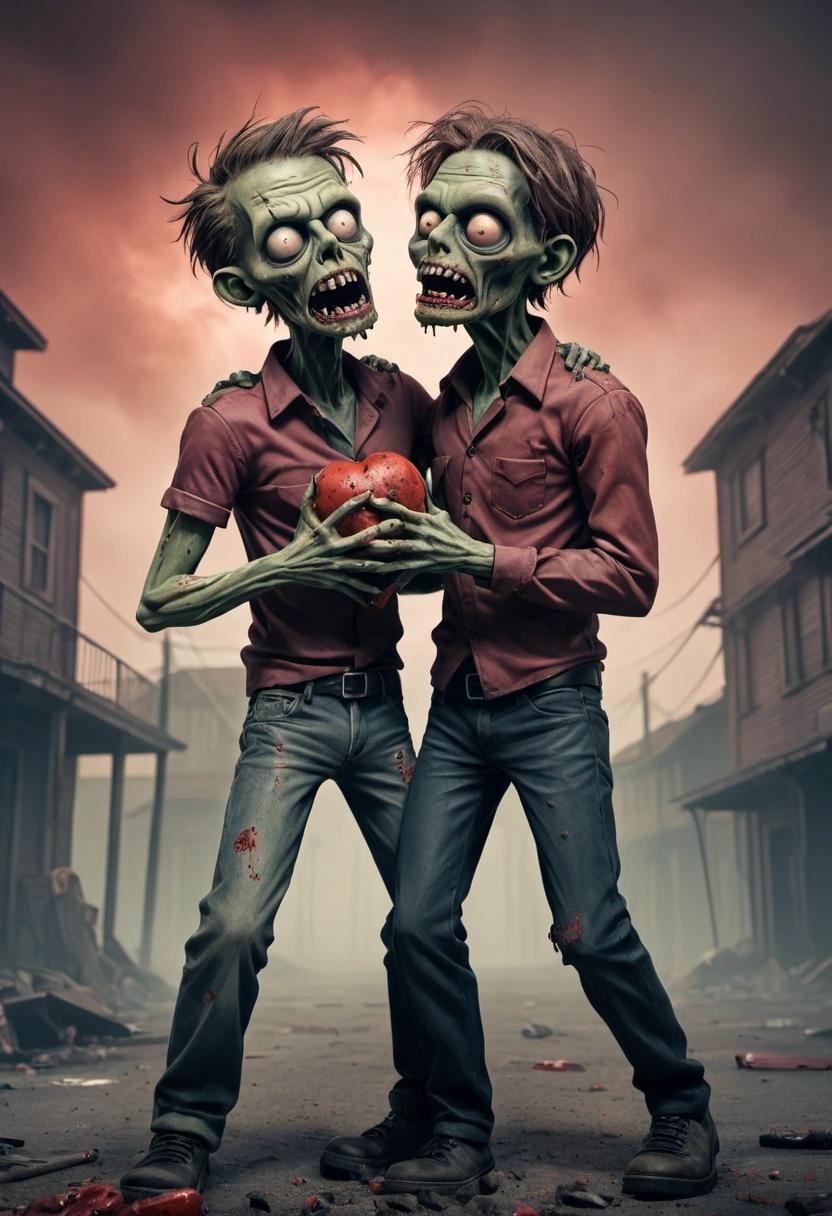Image with seed 367364542 generated via Stable Diffusion through @stablehorde@sigmoid.social. Prompt: Two zombies who love each other at the end of the world###