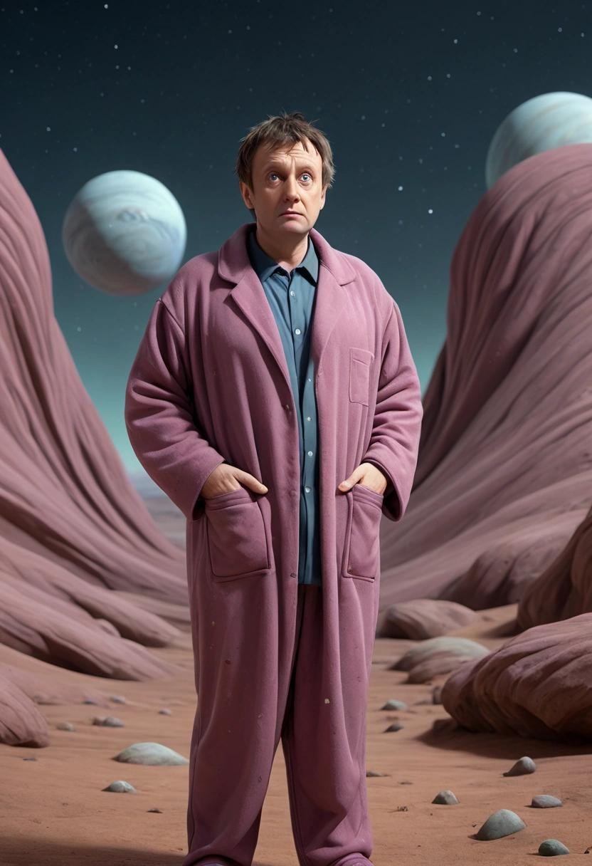 Image with seed 3401208150 generated via Stable Diffusion through @stablehorde@sigmoid.social. Prompt: Arthur Dent wearing pyjamas and a dressing gown, standing on a weird surreal alien planet, looking confused and annoyed###