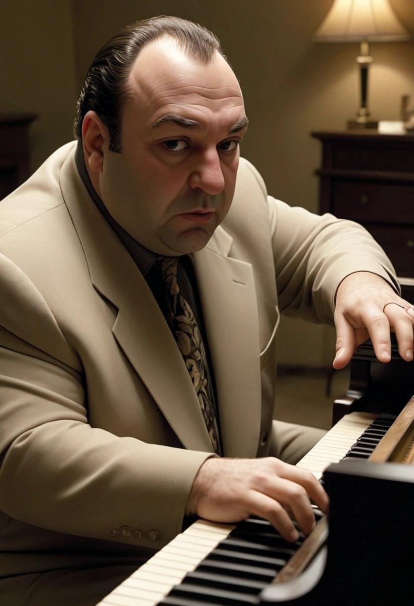 Image with seed 1722734660 generated via Stable Diffusion through @stablehorde@sigmoid.social. Prompt: tony soprano playing the piano with a totally normal and not excessive number of fingers###
