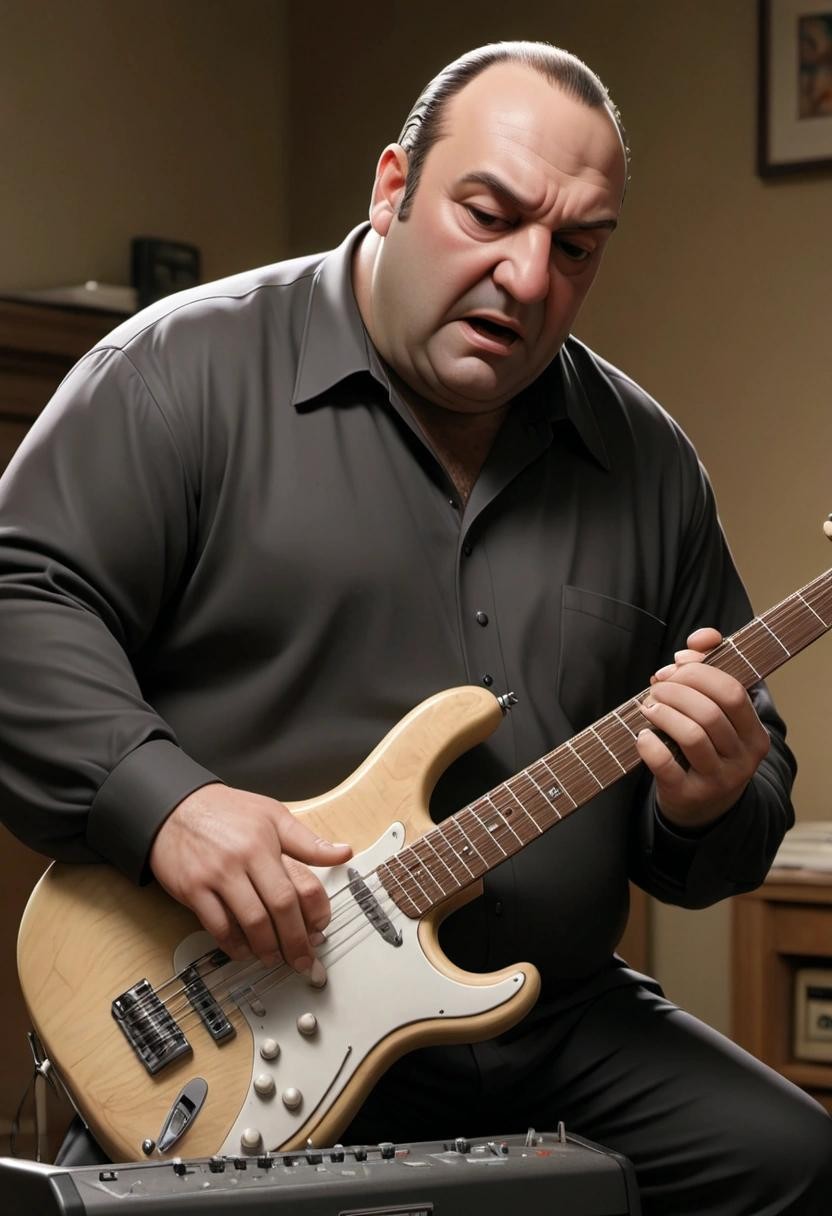 Image with seed 2018538491 generated via Stable Diffusion through @stablehorde@sigmoid.social. Prompt: tony soprano playing bass guitar with too many fingers on all of his completely normal number of hands###