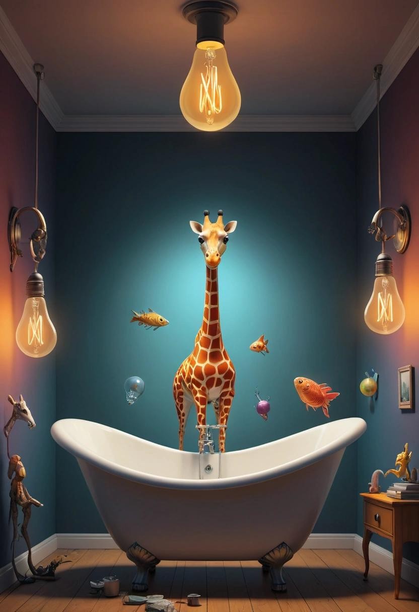 Image with seed 436971432 generated via Stable Diffusion through @stablehorde@sigmoid.social. Prompt: Question: How many surrealists do you need to change a lightbulb? Long Answer: You need three surrealists. One to change the lightbulb, one to hold the giraffe, and one to fill the bathtub with colourful glowing objects. Short Answer: A fish.###