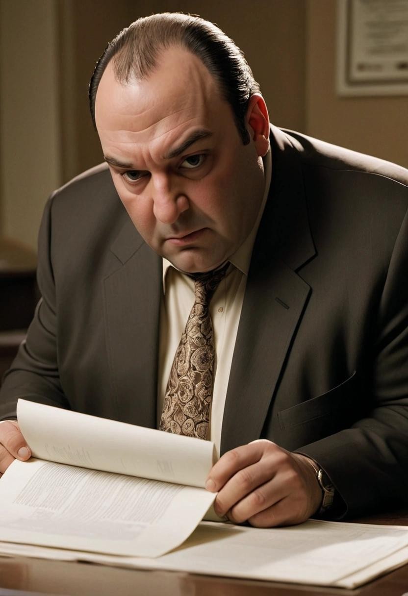 Image with seed 2364796945 generated via Stable Diffusion through @stablehorde@sigmoid.social. Prompt: tony soprano looking at a page that says it was intentionally left blank###