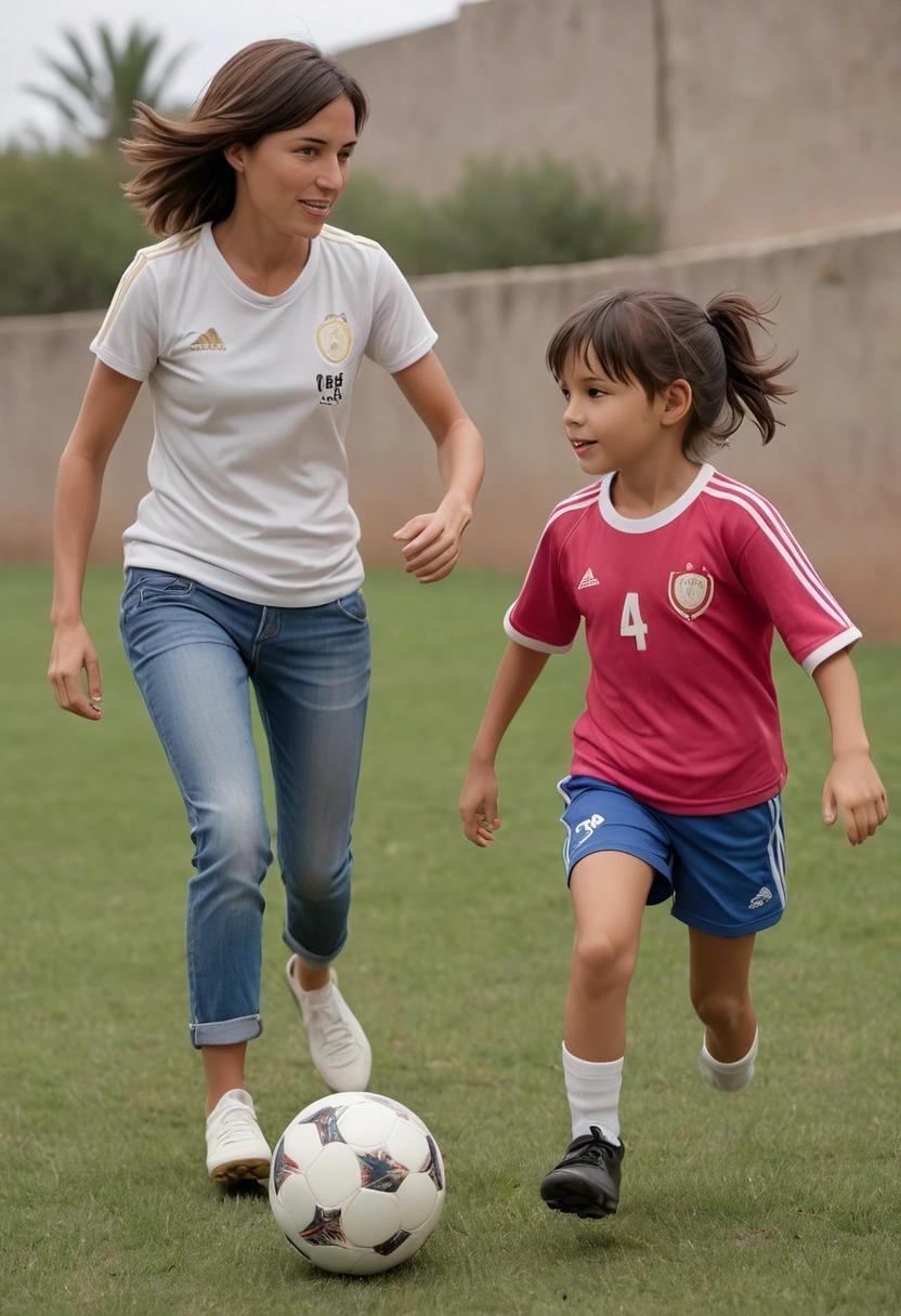 Image with seed 2087951007 generated via Stable Diffusion through @stablehorde@sigmoid.social. Prompt: Aitana Bonmatí playing soccer with a 4 years old child, becoming a women referent in a men ruled world###