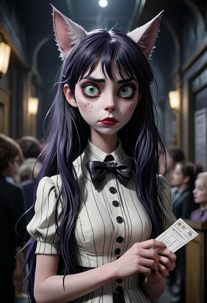 Image with seed 4158676339 generated via Stable Diffusion through @stablehorde@sigmoid.social. Prompt: A sad catgirl holding a massively long queue ticket in Beetlejuice's Neitherworld###