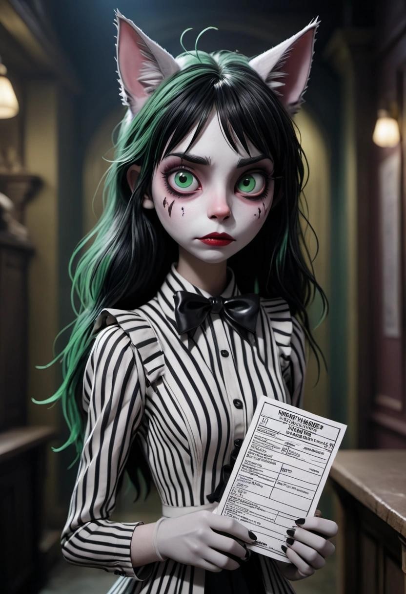 Image with seed 4158676339 generated via Stable Diffusion through @stablehorde@sigmoid.social. Prompt: A sad catgirl holding a massively long queue ticket in Beetlejuice's Neitherworld###