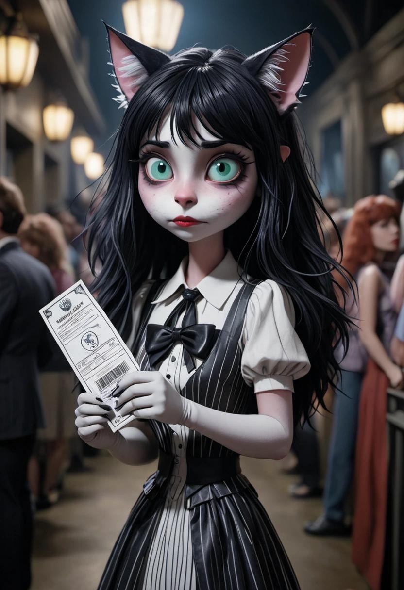 Image with seed 2611519835 generated via Stable Diffusion through @stablehorde@sigmoid.social. Prompt: A sad catgirl holding a massively long queue ticket in Beetlejuice's Neitherworld###